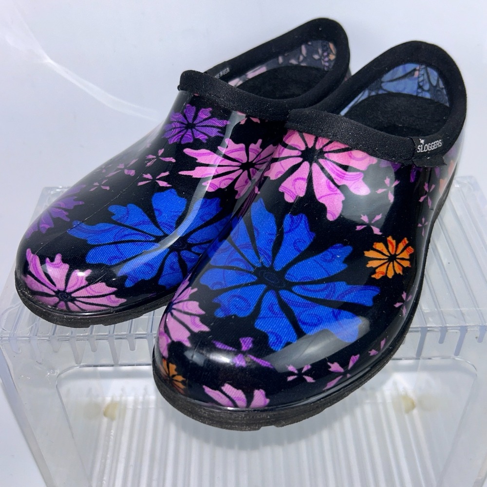 Sloggers Womens Size 6 Black Purple Floral Slip On Garden Rain Rubber Clog Shoes